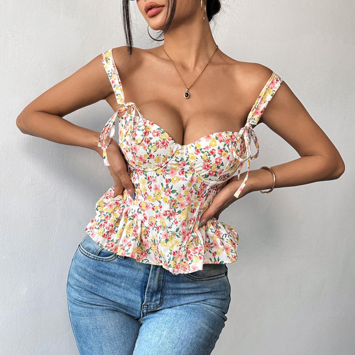Floral Lace Up Slim Fit Cami Top Women Summer Boned Bustier S разноцветный