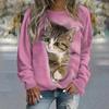 Women's Sweater Pullover T-Shirt Fashion Kitten Print Long Sleeve T Shirt Girls Street Casual Ladies Clothes O-Neck Sweatershirt