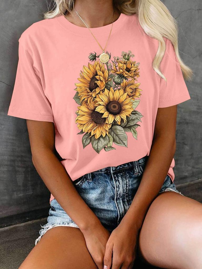 Women's Casual Short Sleeve Crew Neck T-Shirt Vibrant Sunflower Floral Print Ladies T Shirts Summer Style Comfortable Tee
