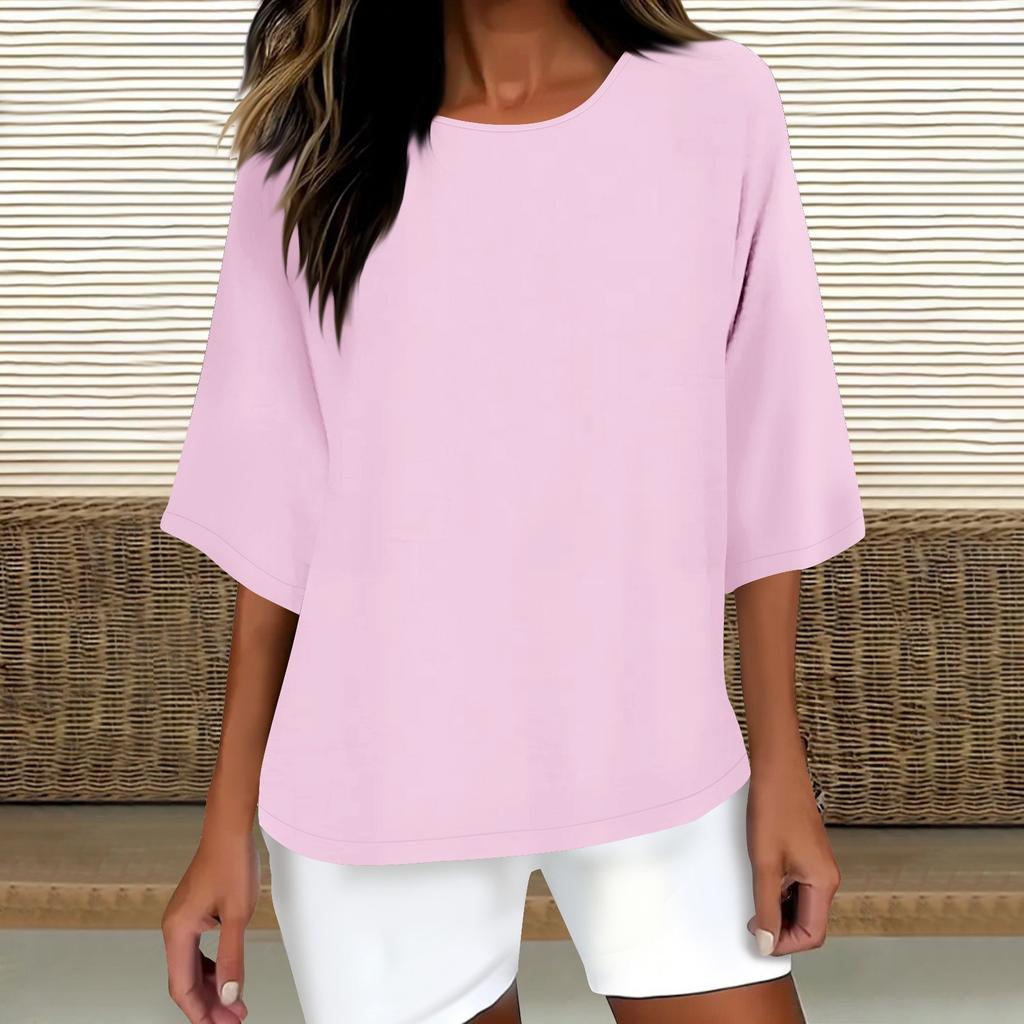 Women's Fashion Solid Color Casual T-Shirt Seven Sleeve Round Neck Cotton Top