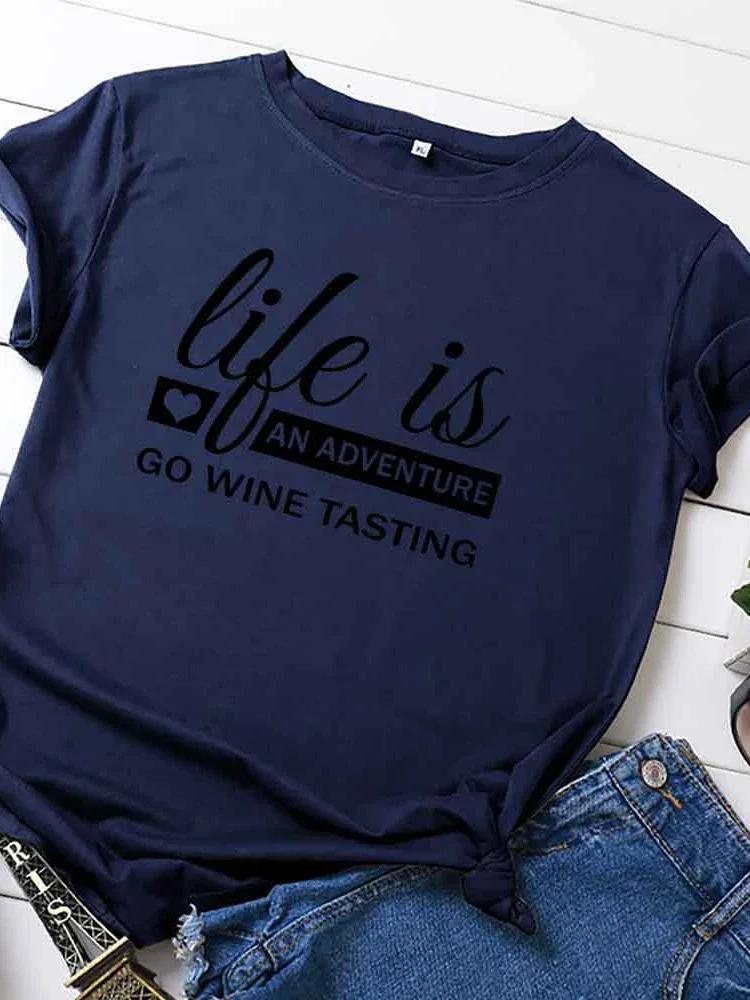 

Life Is Anventure Letter Print Женская футболка с коротким рукавом и круглым вырезом Свободная женская футболка Женская футболка Топы Camisetas Mujer XXXL темно-синий