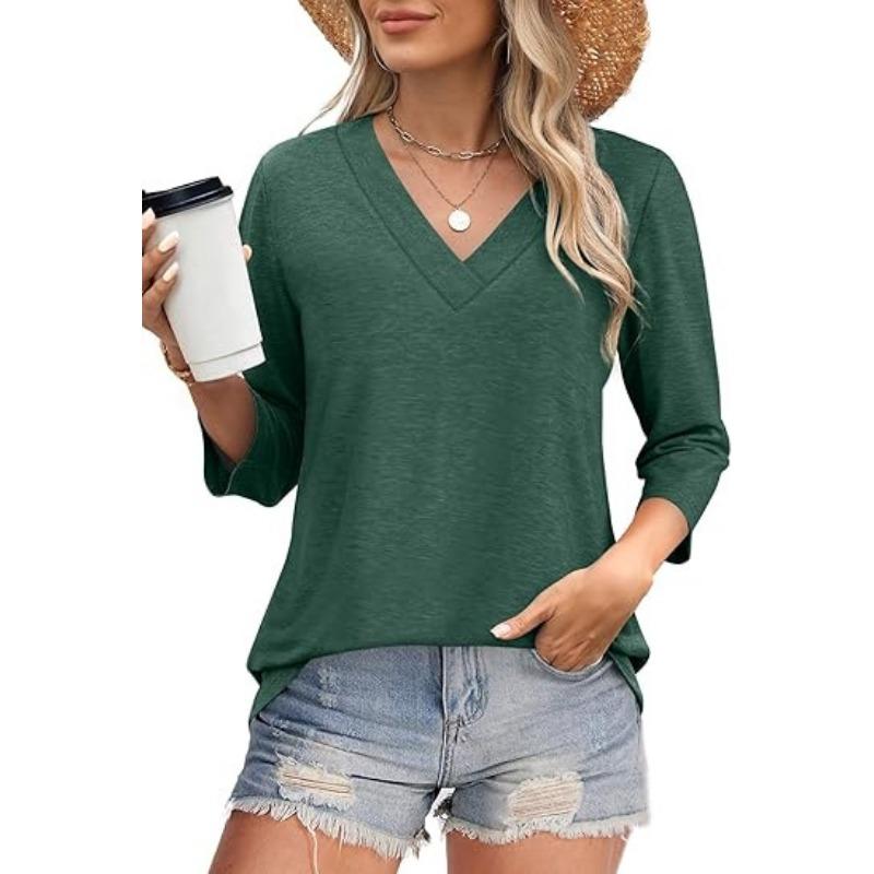 Damen V-Ausschnitt 7-Zoll Ärmel Oberteil für Frühling Lässige Damenbekleidung Taillenknoten Strick-T-Shirt