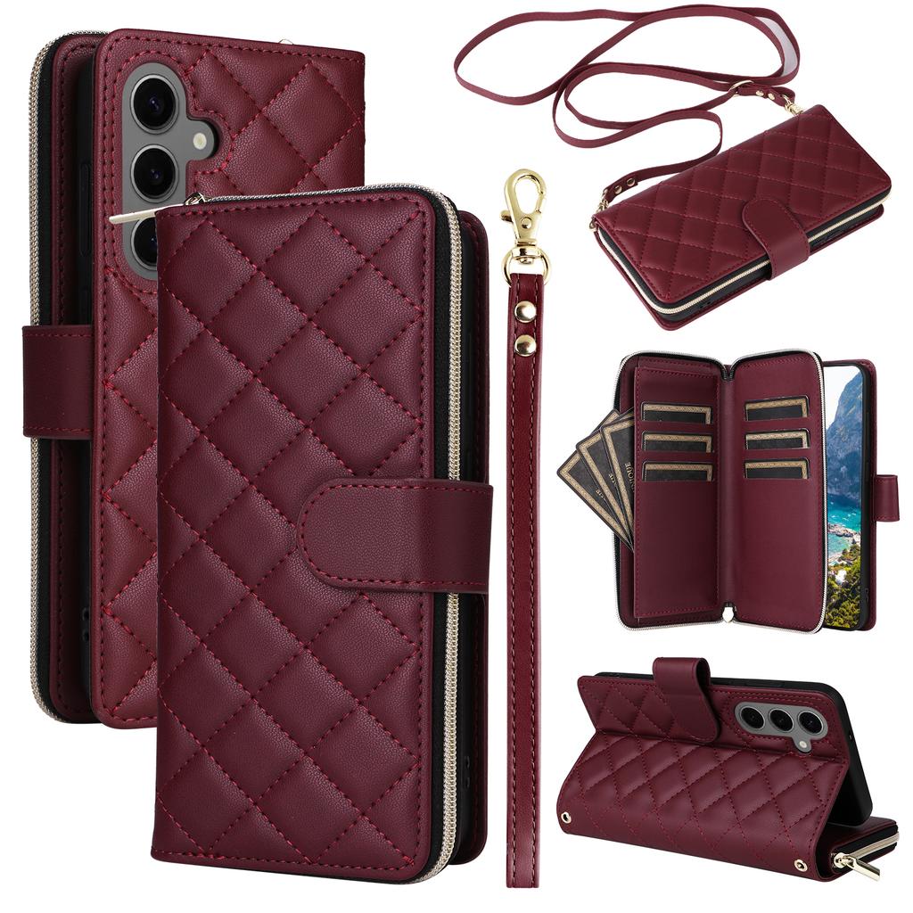 For Samsung Galaxy S24 Phone Case Leather Flip Cover with Rhombus Zipper Pocket