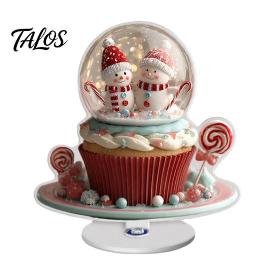 Decorative Rotating Base Acrylic Desktop Ornament, 2D Flat Christmas Santa Snowman Cupcake Plaque with Gift for Home Winter Bookshelf, Mantel,