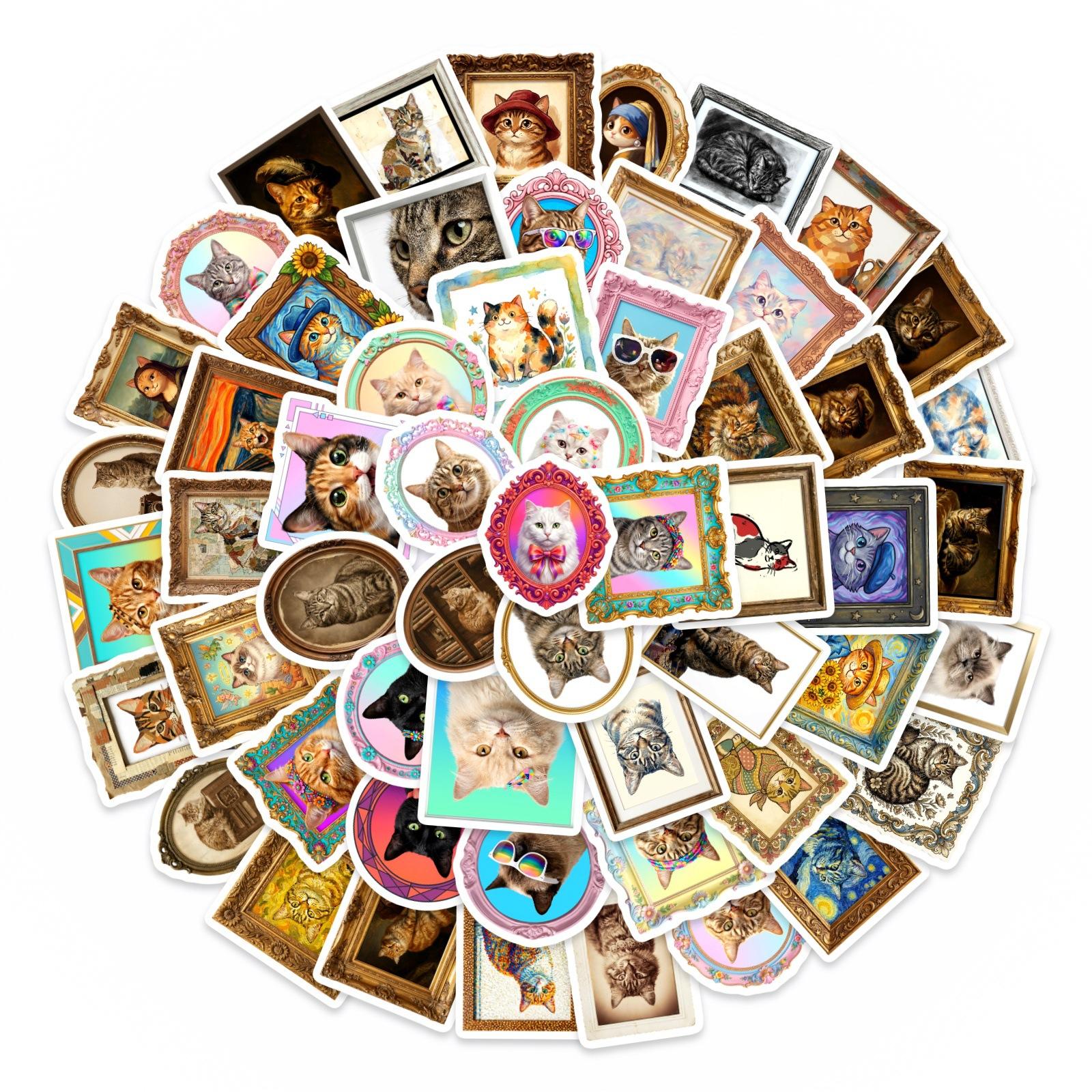 

50 Vintage Cat Art Stickers, Handbook Decoration Cute Cartoon Stickers Creative Stationery Stickers
