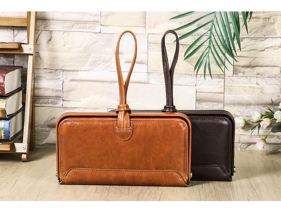 Full-Grain Lambskin Women's Wallet with Metal Hinge and Leather Hand Strap