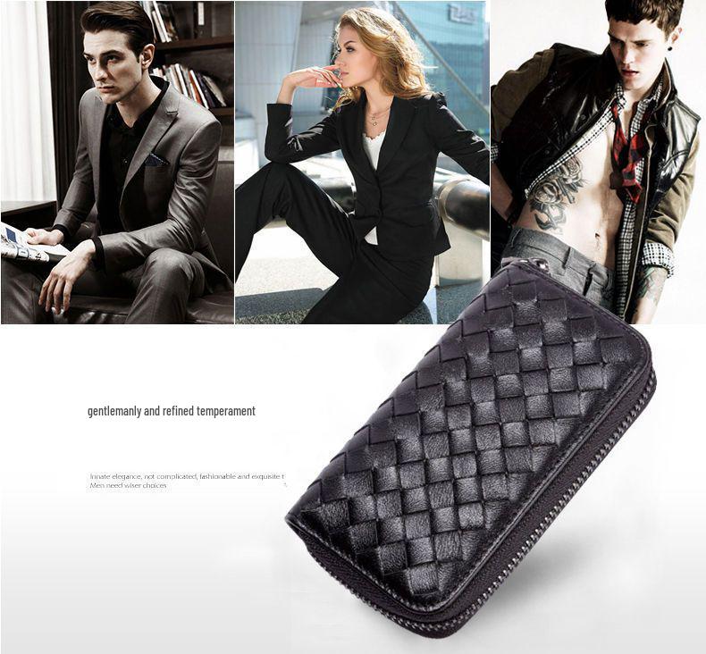 Men's Knitted Leather Car Key Pouch - Large Capacity Zipper Key Holder with Portable Keychain