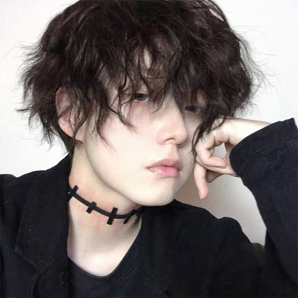 Tendenza Sintetica Uomo Parrucca Corta Riccia Naturale Nera Con Frangia Tipo di Testa Estensione Capelli Strumenti per lo Styling Per Cosplay Festa Copricapo