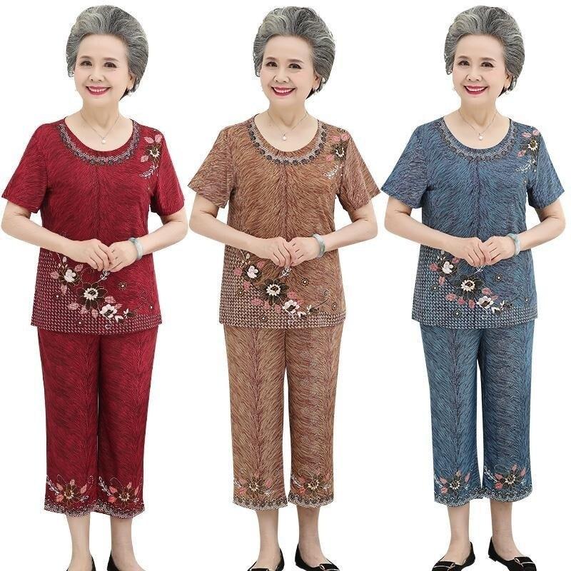 Large Size Women 2 Piece Set Loose Print Short-sleeved T-shirt Tops + Pants Suits Middle-aged Mother Summer