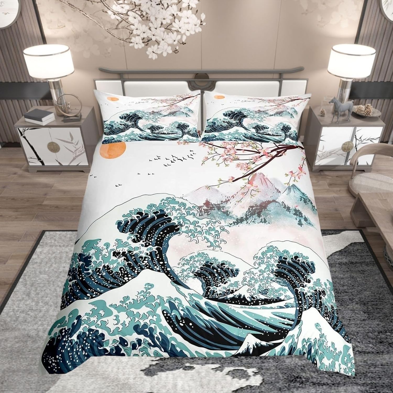Japan Mount Fuji Dekbedovertrek Set Dubbele Maat Kersenbloesem Beddengoed Set Met 2 Kussenslopen Japanse Zeegolven US Twin(172x218cm)