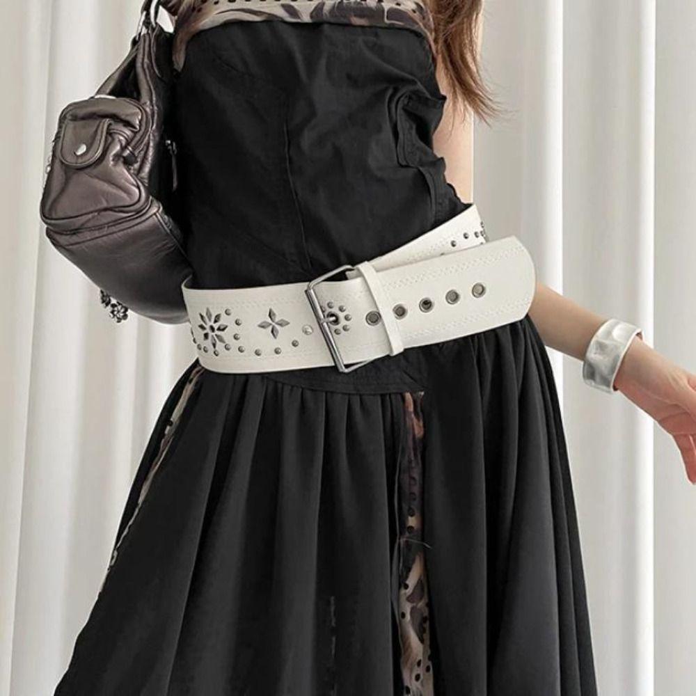 Y2k Leather Waist Belt Gothic Dress Jeans Belt Fashionable Women's Rivet Belt  Streetwear
