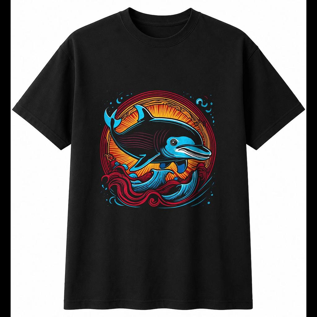 Tattoo Porpoise Sunbeams Mens T-Shirt Sea Ocean Black 100% Cotton Marine Printed