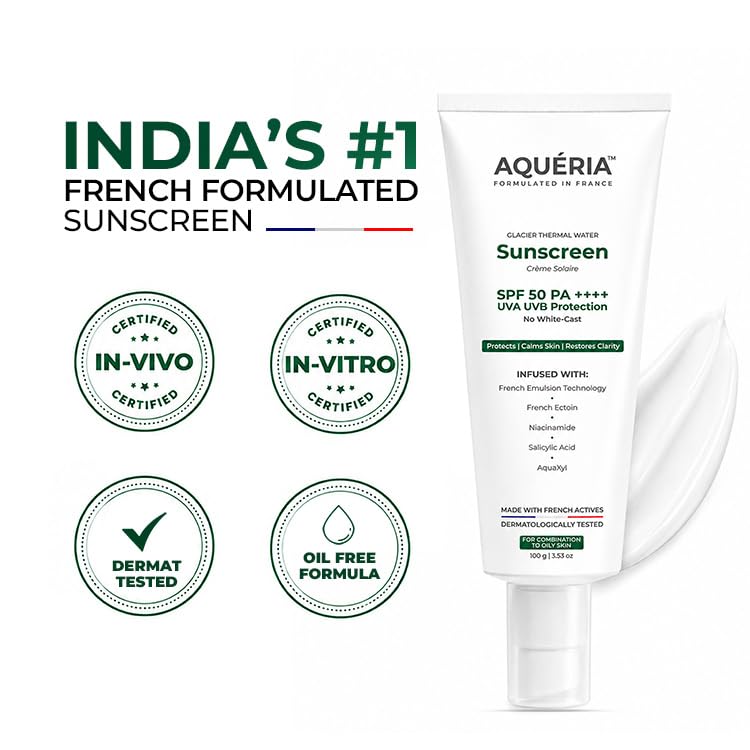 Aqueria Ölkontrolle Aufhellendes Gel Multi-Aktiv Französische Sonnencreme LSF 50 PA++++ | In-Vivo/In-Vitro Getestet | 2% Niacinamid, BHA & Hyaluronsäure |