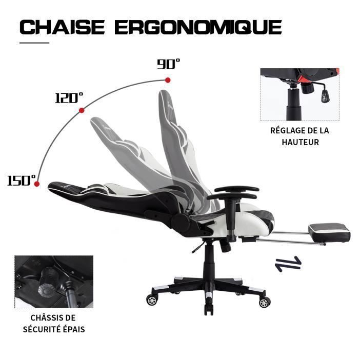 Fauteuil De Bureau - Gamer - Réglable - Repose-pieds - Coussin De Tête - Coussin Lombaire - Blanc