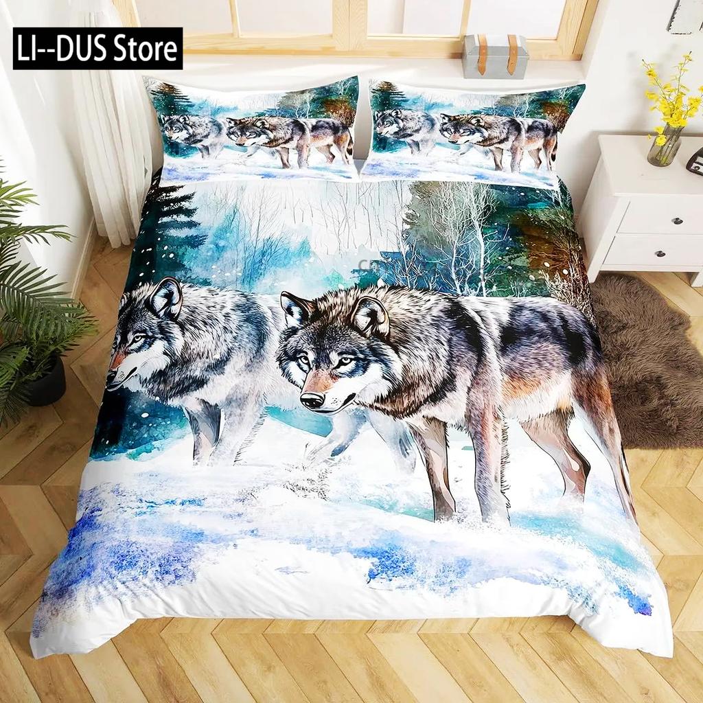 Wolf Bettbezug Einzelbett King Size, Heulende Wölfe Wildtier Bettwäsche Set Aurora Tiere Galaxie Druck Deckenbezug Für Kinder Jungen