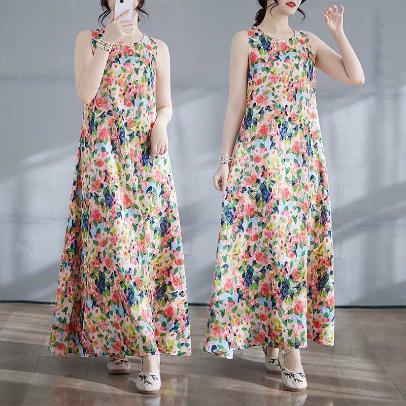 Long Skirt Summer New Round Neck Printed Dress