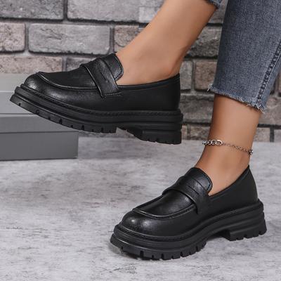Mode Mocassins à plateforme simples en cuir PU pour femmes Mode Style preppy Chaussures de ville noires Femme Confortables Chaussures paresseuses à enfiler Dames