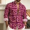 Men's Lapel Long-sleeved Shirt with Greek Key Pattern, Stylish, Handsome, Vintage, and Comfortable Men's Top.