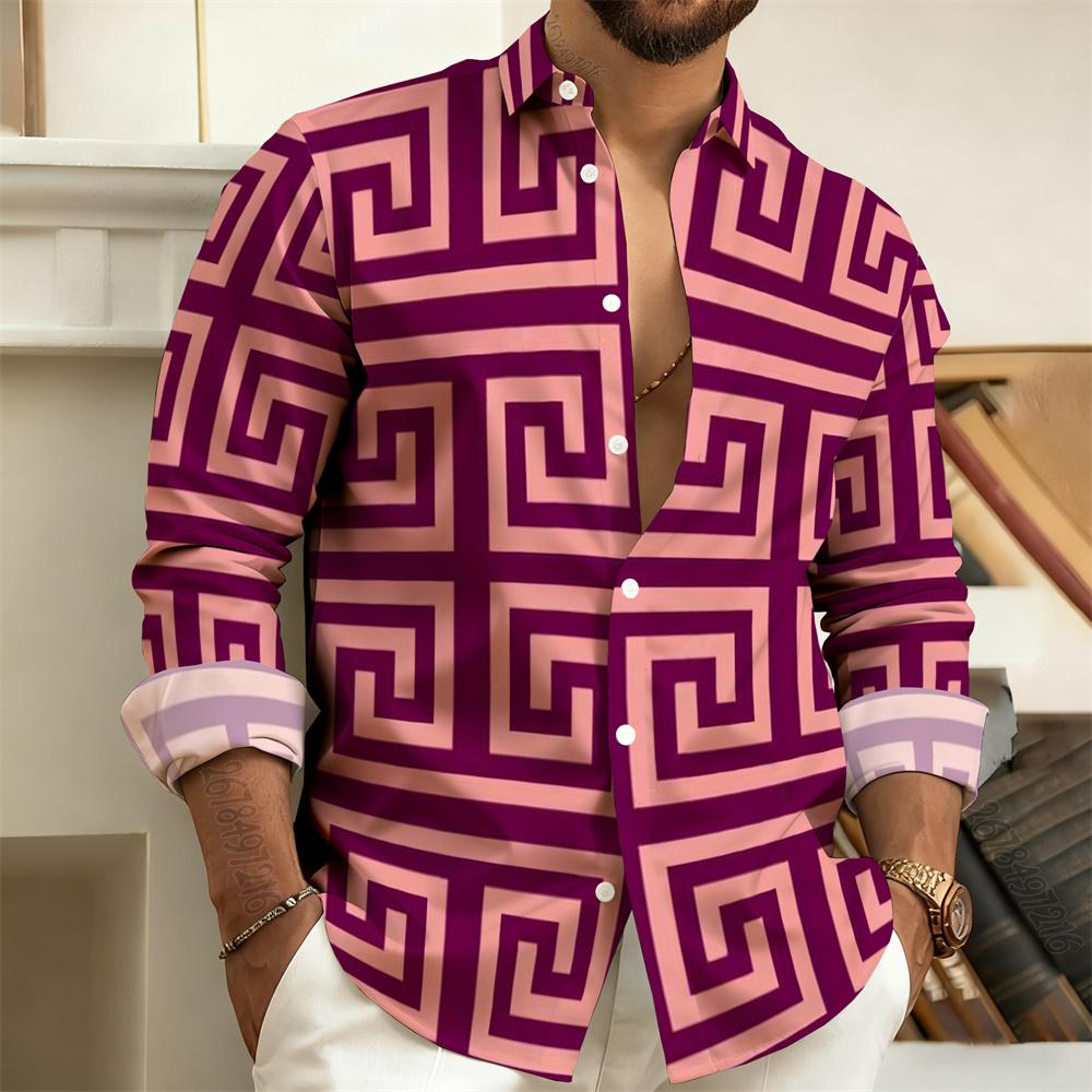 Men's Lapel Long-Sleeved Shirt with Printed Greek Key Pattern, Stylish, Handsome, Vintage, and Comfortable Men's Top.