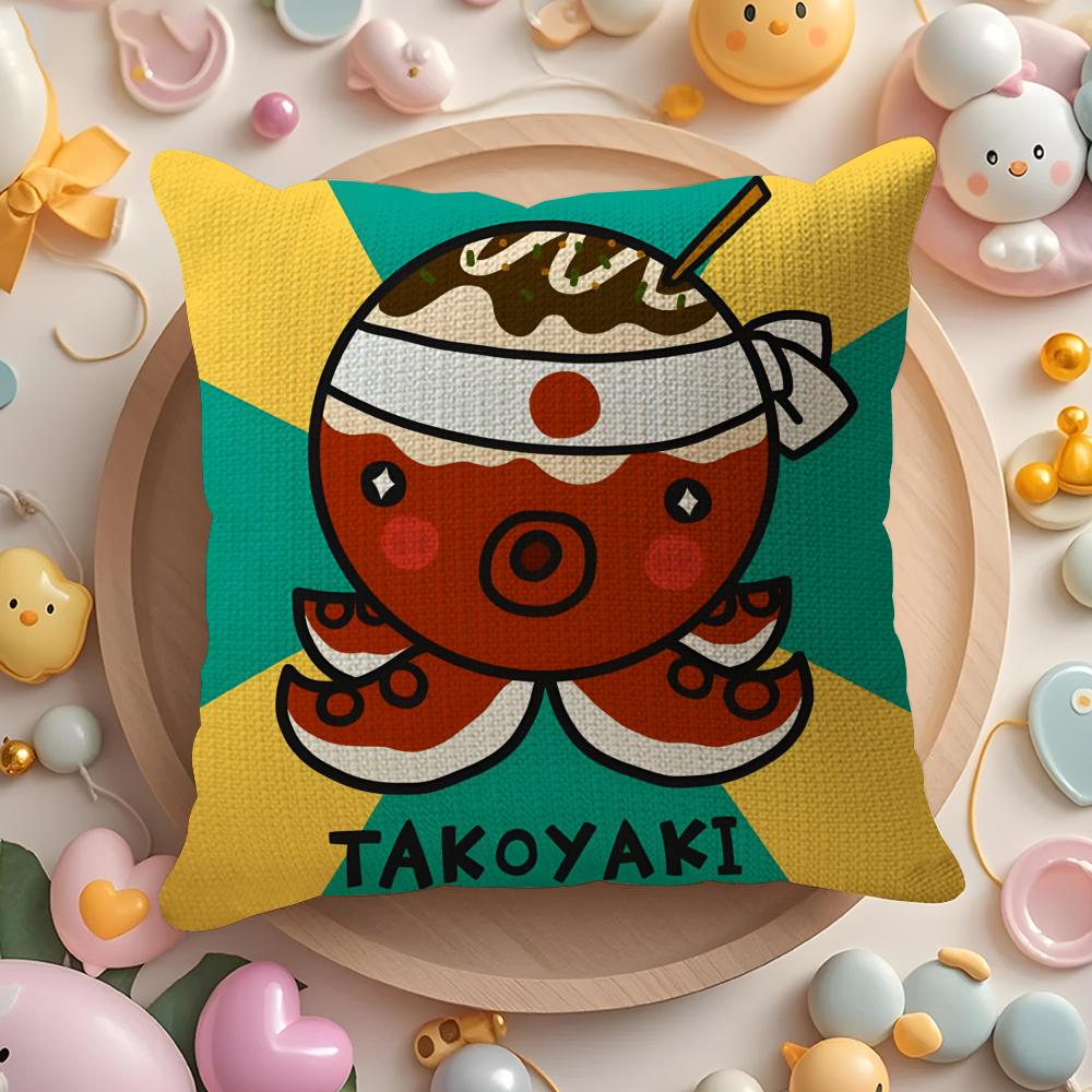 Cartoon Japanese Takoyaki Food Pillow Case Pattern Printed Pillowcase for Living Room Sofa Cushion Cover  Bedroom Decor