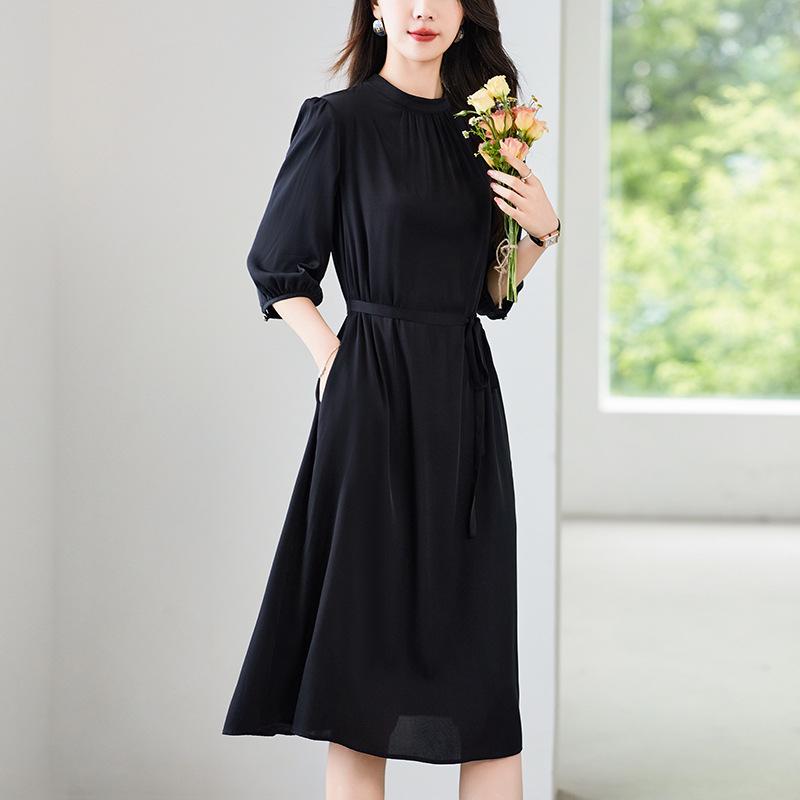 

Элегантное летнее платье А-силуэта из чистого шелка для женщин - Юбка миди M чёрный