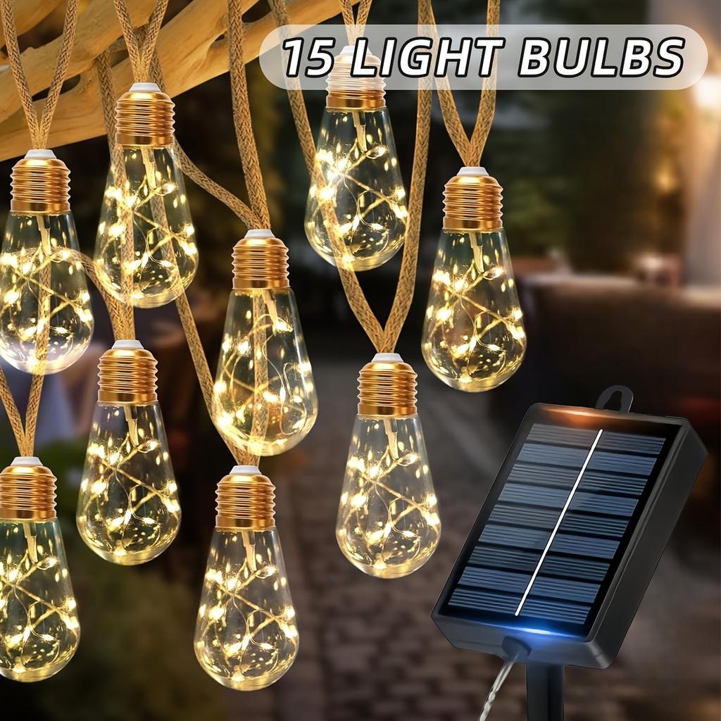 Solar Powered Outdoor String Lights, 15 Bulb String Lights With 8 Lighting Modes