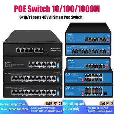 POE Switch 6/10 Ports 10/100M Ethernet Switch with 2 10/100M RJ45 Ports AI Smart Network Switch with Dial Code Switch for Camera