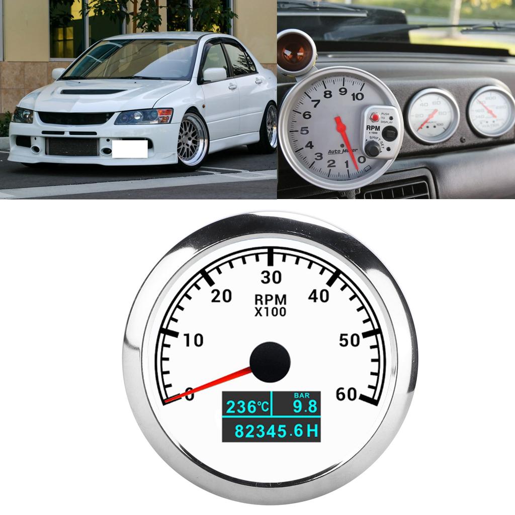 3‑In‑1 6000RPM Tachometer Water Temp Oil Pressure Hour Gauge IP67 Waterproof for Car Boat TruckWhite Dial
