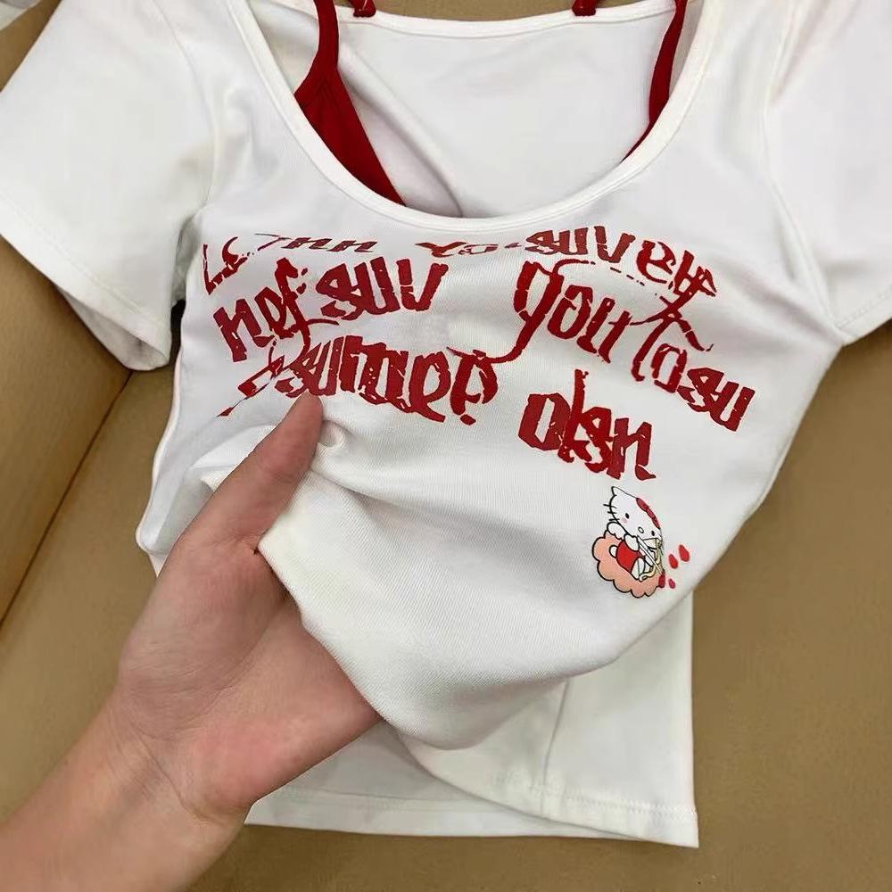 

Women s Slimming Short Sleeve Kitty Faux Two-Piece T-Shirt Extra Large білий