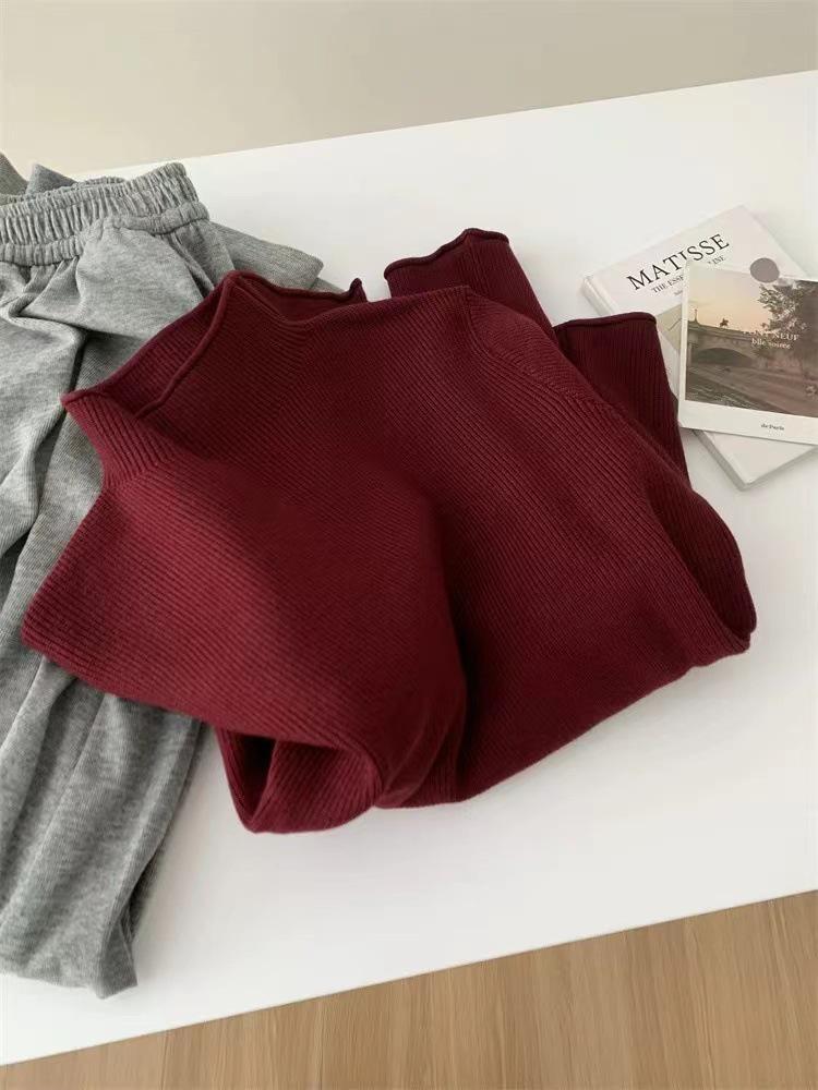 Women's Autumn Winter Warm Ribbed Knit Sweater - Half-High Neck, Rolled Hem, Loose Fit, High-End Feel