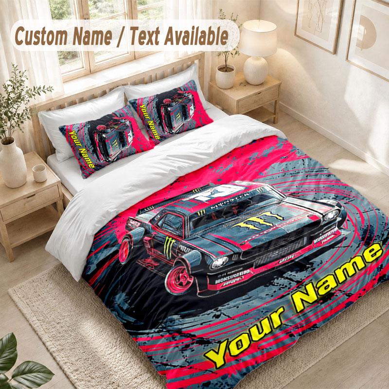 Set Biancheria da Letto Personalizzato 3 Pezzi Copripiumino Stampa Monster Energy + 2 Federe Morbido Arredo Letto
