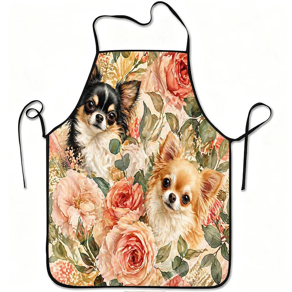 1pc Chihuahua Dog And Rose Floral Art Print Apron, Durable And Easy To Clean, Adjustable Waistband, Polyester Material, for Kitc