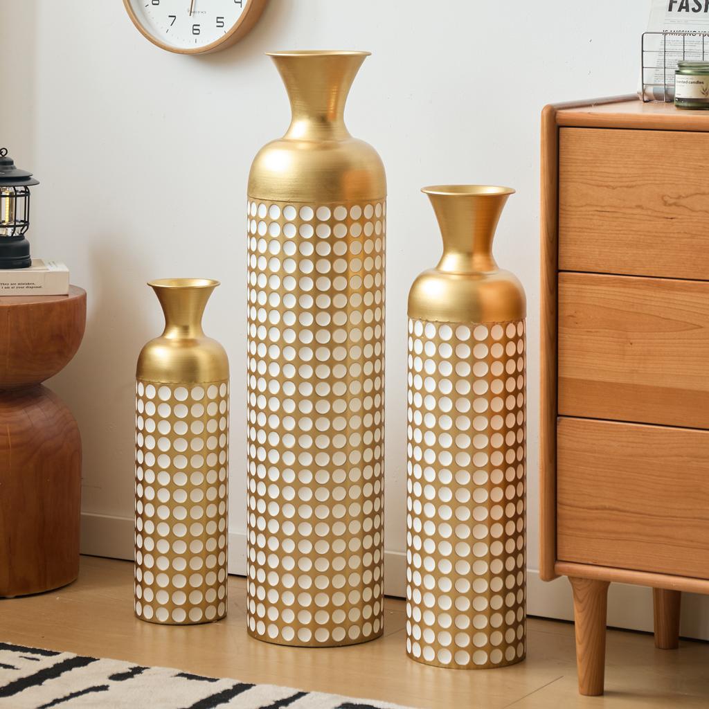 3-Piece gold metal floor vase set with white dot pattern, vases for dried flowers pampas grass, luxury home decor for living room hotel, not wat