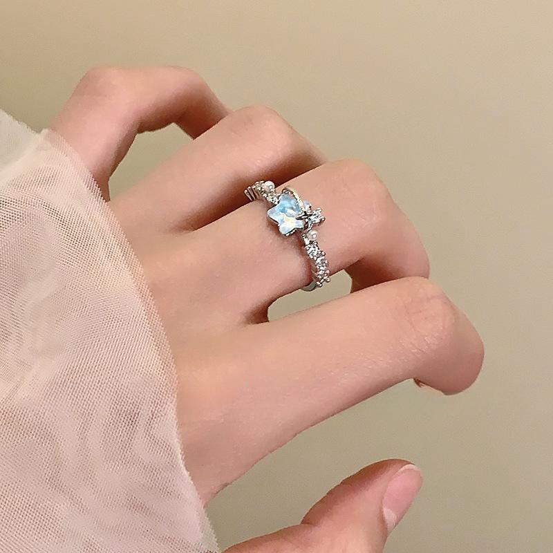 New Blue Planet Star Moon Rings for Women Zircon Rhinestone Pearl Open Finger Rings Sweet Party Y2K Jewelry 2000S Girls Gifts
