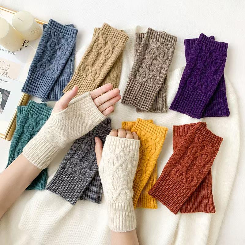 Autumn Winter Knitted Fried Dough Twists Warm Gloves for Women Solid Color Soft Skin Thickened Half Finger Gloves Wrist Washable