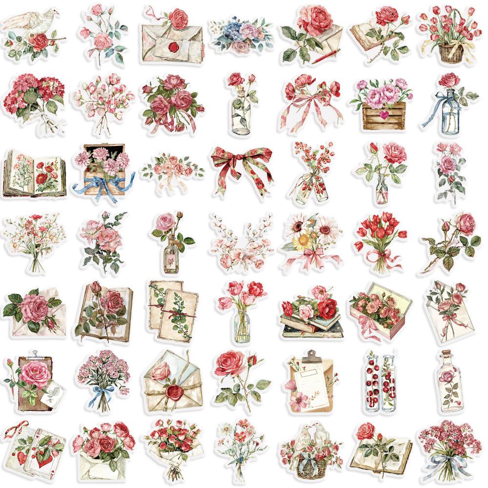 

50Pcs Cartoon Flower Letter PET Transparent Stickers Waterproof DIY Decals for Phone Case Laptop Scrapbook Journal Supplies