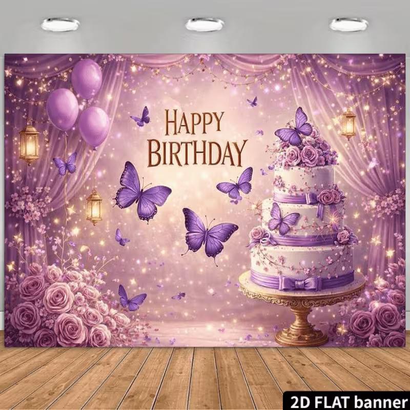 2D 2D Flat Purple Happy Birthday Backdrop Banner for Women Birthday Party