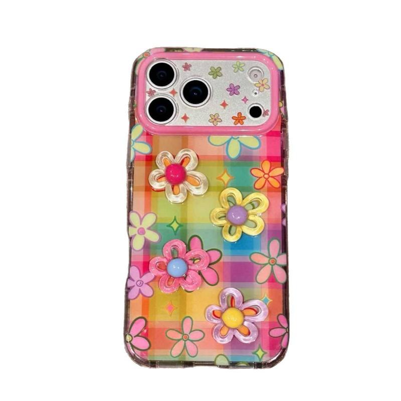 Colorful Plaid 3D Floral Hard Phone Case IPhone 15 16 17 Pro Max Womens Minimalist PC Cover