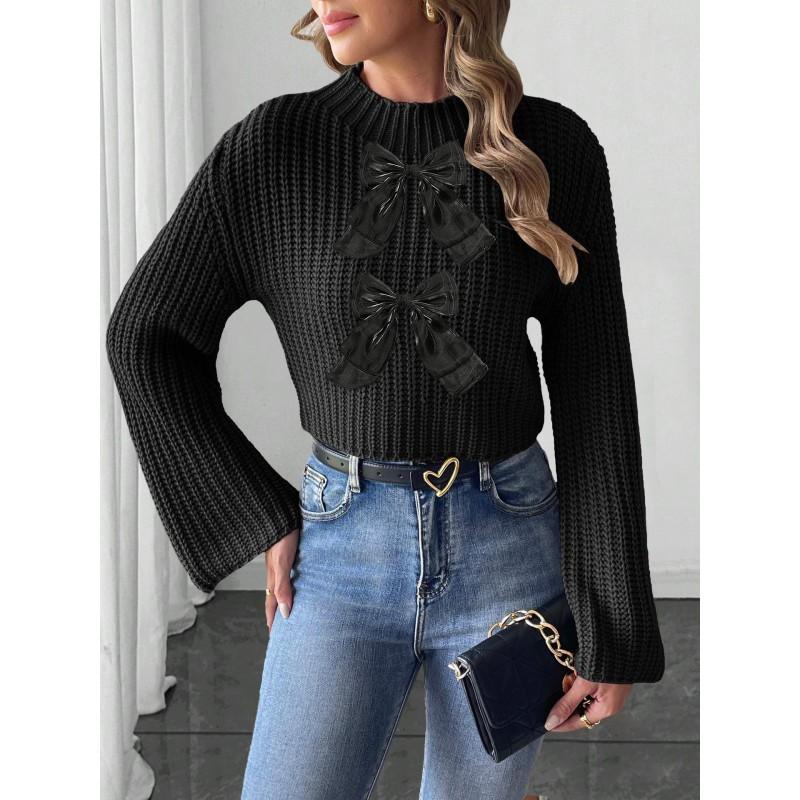 Womens Cropped Knit Sweater Bow Patch Flared Sleeve Mock Neck Pullover Streetwear