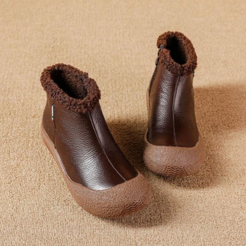 Fashion GKTINOO Genuine Leather Warm Plush Boots Round Toe Soft Soled Women's Short Boots Mother Shoes