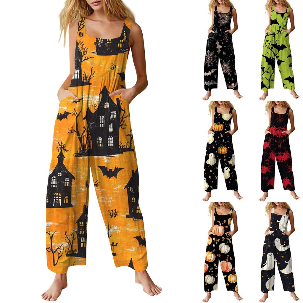Women's Casual Jumpsuit Sleeveless Halloween Printed Cotton Jumpsuit