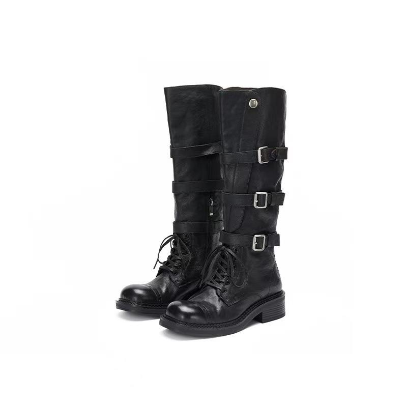 

3.5Cm tall locomotive boots women s autumn and winter new leather strap locomotive boots handsome retro thick heel long boots 35