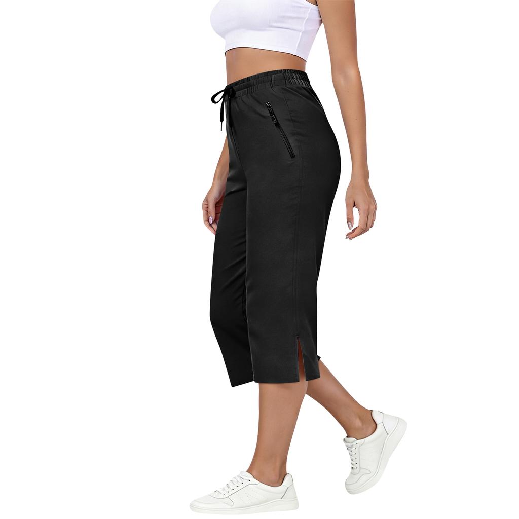 Women Drawstring Elastic Waist Capris Pants with Side Pockets Loose Fit Lightweight Cropped Trousers for Daily Wear