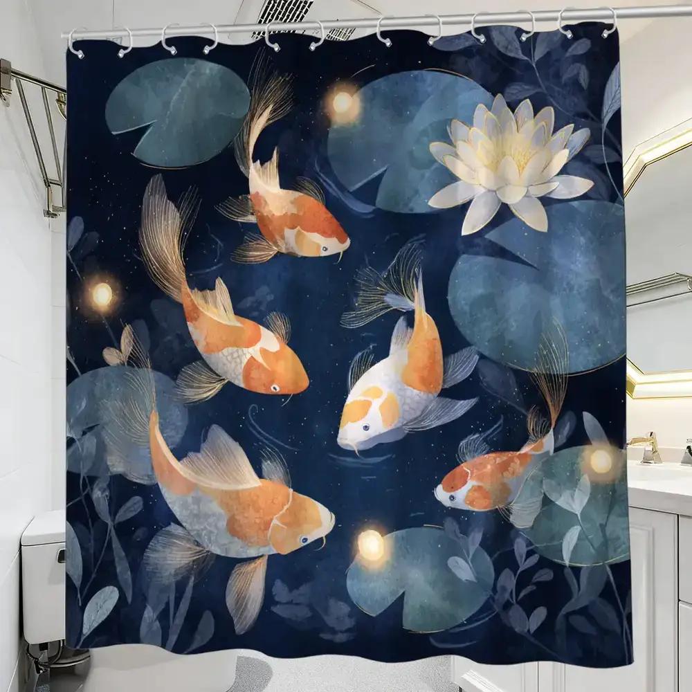 

Oriental Koi Pond Shower Curtain – Watercolor Lotus & Goldfish, Serene Night Scene, 12 Hooks, 70.87×70.87 Waterproof Zen Decor W60H190(CM)-1 Pcs