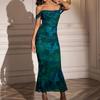 Fishbone mesh pleated dress European and American sexy backless one-word shoulder tight hip-wrapped dress long dress