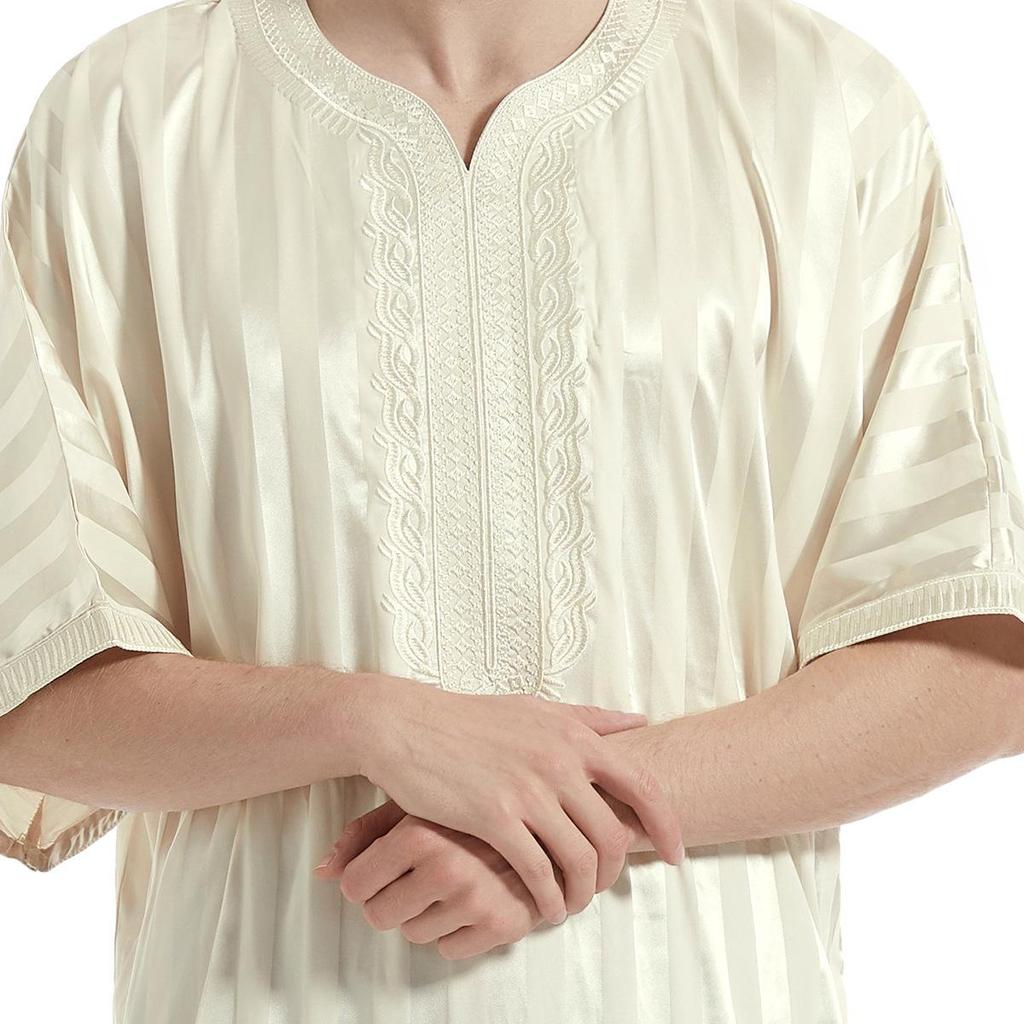 Men's Embroidered Striped Mid-Sleeve Robe – Ethnic Short Sleeve Style