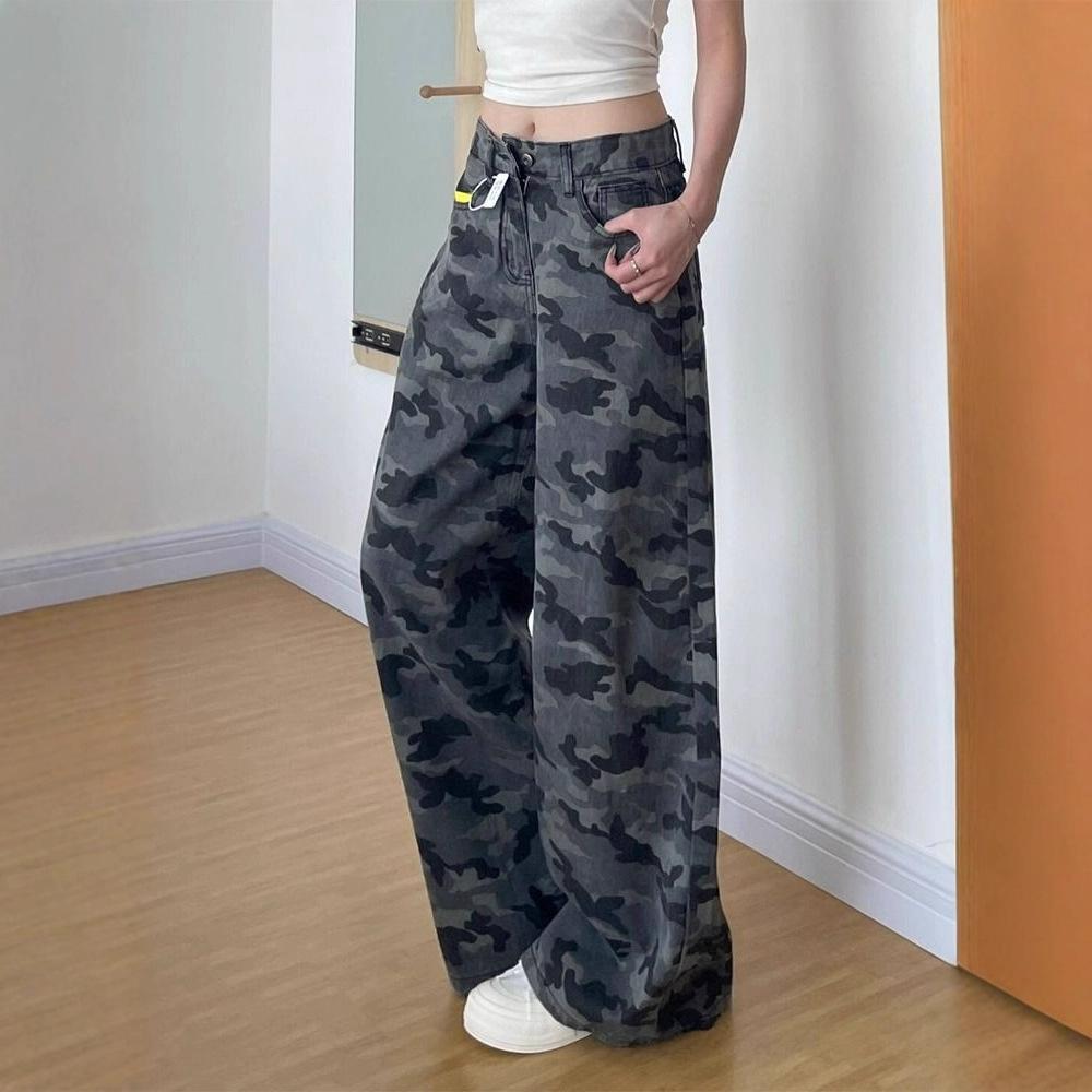 Fashionable Comfortable Plus Size Vintage Camouflage Work Jeans Female Autumn High Waist Loose Thin Wide Leg Trousers Jeans for Women Long Denim Pants