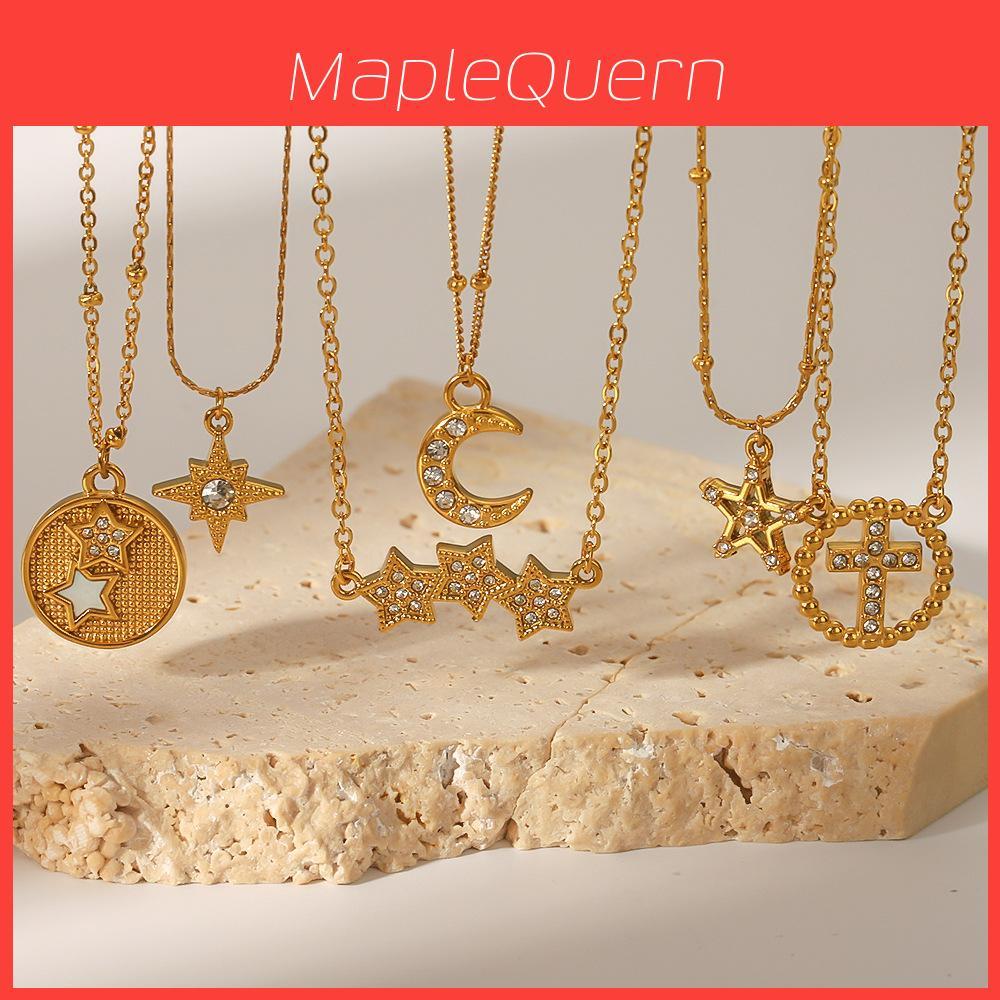 Titanium Steel Star And Moon Pendant Necklace With Stones For Womens Fashion Jewelry