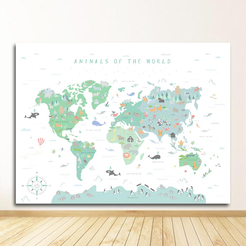 Educational Poster Cartoon Animal Kids Baby Room Decor Animals Illustration World Map Wall Art Picture Nursery Print Painting