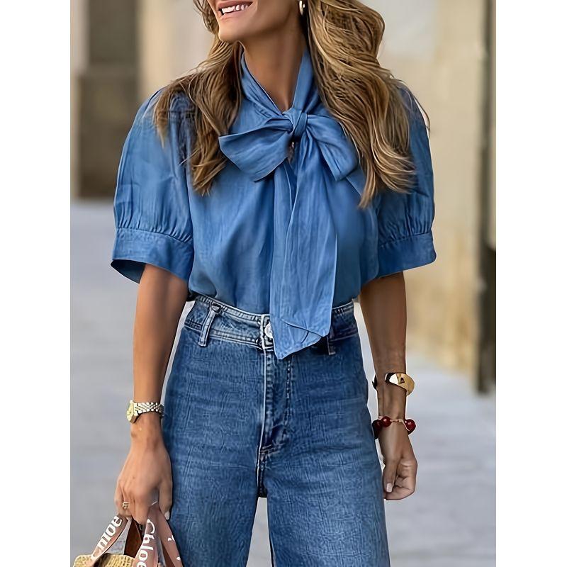 

European and American Solid Temperament Lace-up Half Sleeve Half-high Collar Shirts Top Half High Collar Shirt Top Blue XXL